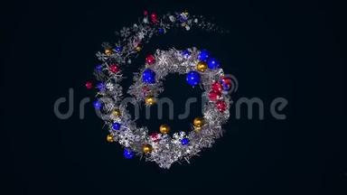 圣诞节或新年花圈螺旋旋转黑色背景，无缝循环。 动画。 抽象的蓝色花环